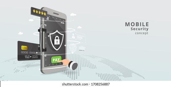 Banner de concepto de pago móvil. Seguridad y protección sin contacto pago o a través de teléfono móvil. Comprando por smartphone. Impresión de dedo.
