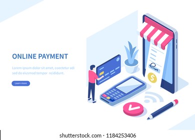 Mobile payment concept with character. Can use for web banner, infographics, hero images. Flat isometric vector illustration isolated on white background.