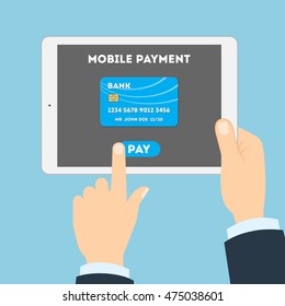 Mobile payment concept. Easy transaction with mobile banking. Credit card in tablet. Payment through internet.