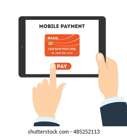 Mobile payment concept. Easy transaction with mobile banking. Credit card in tablet. Payment through internet.