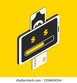 Mobile payment concept, financial transactions, online payment. Smartphone, money and credit card isolated on yellow background. Vector illustration
