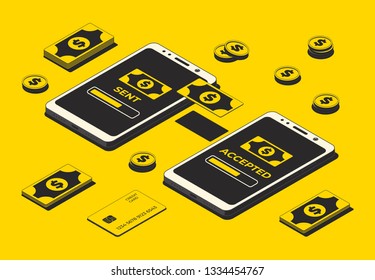 Mobile payment concept, financial transactions, online payment. Smartphone, money and credit card isolated on yellow background. Vector illustration