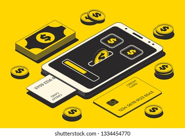 Mobile payment concept, financial transactions, online payment. Smartphone, money and credit card isolated on yellow background. Vector illustration