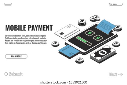 Mobile payment concept, financial transactions, online payment. Smartphone, money and credit card isolated on white background. Vector illustration