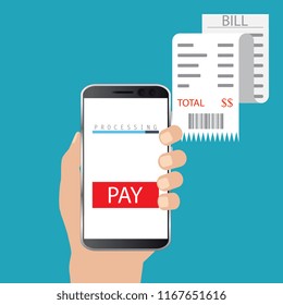 Mobile payment concept. Hand holding a phone. Smartphone wireless money transfer. Flat design. Vector illustration