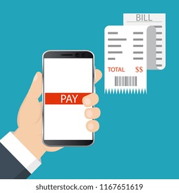 Mobile payment concept. Hand holding a phone. Smartphone wireless money transfer. Flat design. Vector illustration