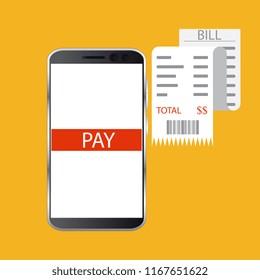Mobile payment concept. Hand holding a phone. Smartphone wireless money transfer. Flat design. Vector illustration