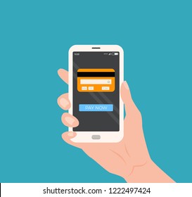 Mobile payment concept hand holding smartphone with credit card and button on the screen. Flat design vector illustration of online payment, e-commerce, internet banking, shopping, money transfer