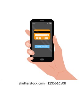 Mobile payment concept hand holding smartphone with credit card and button on the screen. Flat design vector illustration of online payment, e-commerce, internet banking, shopping, money transfer