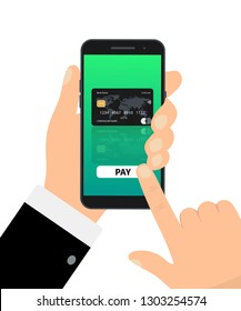 Mobile payment concept hand holding smartphone with credit card and button on the screen. flat design processing of mobile payments from credit card on the screen.