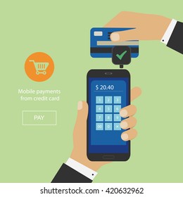 Mobile payment concept, Hand holding Smartphone with processing of mobile payments from credit card. Payment of goods via your smartphone with card. Vector illustration