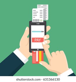 Mobile payment concept. Hand holding a phone. Smartphone wireless money transfer. Flat design. Vector illustration