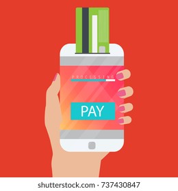 Mobile payment concept. Hand holding a phone. Smartphone wireless money transfer. Flat design. Vector illustration