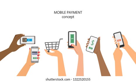 Mobile payment concept, hands holding a phone. Vector illustration. 