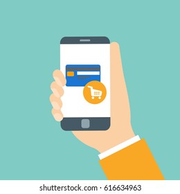 Mobile payment concept. Hands holding smartphone with online payment icon
