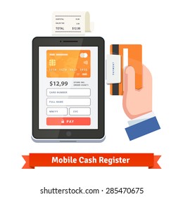 Mobile payment concept. Human hand swiping credit card on tablet dongle and printing receipt. Flat style vector icon.