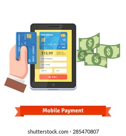 Mobile payment concept. Human hand holding credit card over tablet computer with flying dollars. Flat style vector icon.