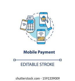 Mobile payment concept icon. Contactless money transfer idea thin line illustration. Wireless financial transaction. Banking operation. Vector isolated outline drawing. Editable stroke