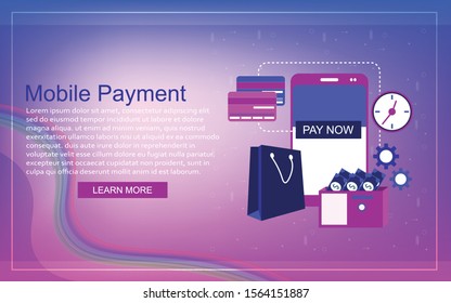 Mobile Payment concept with illustration of smartphone, credit card and golden coins.