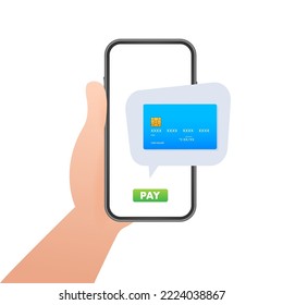 Concepto de pago móvil con ilustración de smartphone, tarjeta de crédito. Ilustración vectorial.