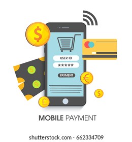 Mobile Payment Concept With Illustration Of Smartphone, Credit Card And Golden Coins.