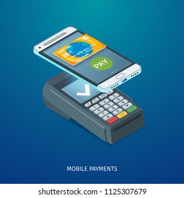 Mobile payment concept. Image of payment terminal and mobile phone. Isometric concept. Highly detailed vector illustration