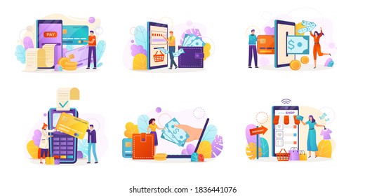 Mobile payment concept isolated vector illustrations set. POS terminal confirm, NFC payment, money transferring via smartphone app, online banking and shopping, e-commerce. Mobile payment service.
