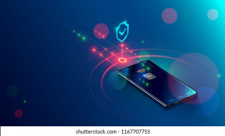 Mobile payment concept isometric banner. Security and protection contactless payment or via mobile phone with nfc chip. Shopping through smartphone with near field communication card
