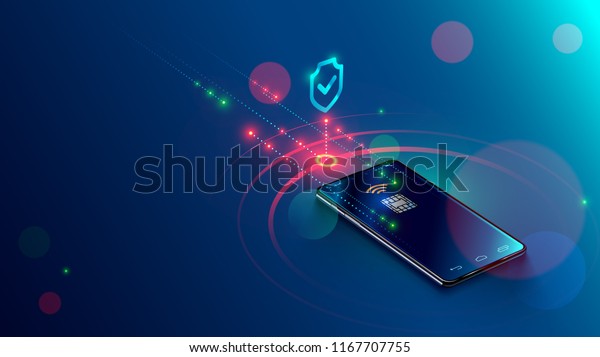 Mobile payment concept isometric banner. Security\
and protection contactless payment or via mobile phone with nfc\
chip. Shopping through smartphone with near field communication\
card