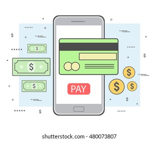 Mobile payment concept. Linear illustration, flat design