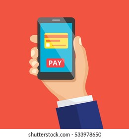 Mobile payment concept or make mobile shopping. Hand holding mobile phone with credit card icon on the touchscreen.  Flat design style vector illustration of modern smartphone.