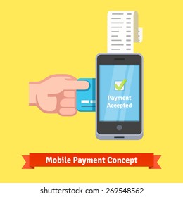 Mobile payment concept. Man hand inserting credit card to a phone printing paper receipt. Flat style vector illustration.