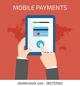Mobile payment concept. Man holding tablet. Flat style