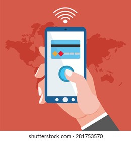 Mobile payment concept. Man holding phone. Flat style