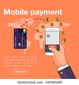 Mobile payment concept. Man holding phone. Flat style