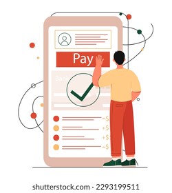 Concepto de pago móvil. Un hombre en smartphone transfiere dinero, comercio electrónico y compras en línea. Transacciones por Internet con aplicación o programa bancario. Dibujo vectorial plano de dibujos animados