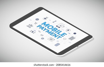 mobile payment concept on tablet screen with isometric 3d style