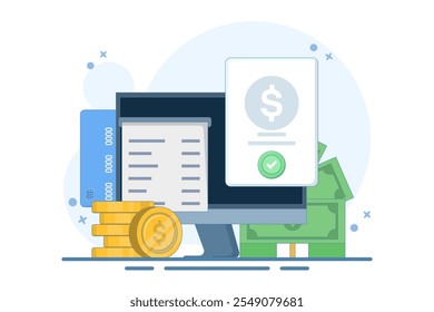 Conceito de pagamento móvel ou transferência de dinheiro online. Pagamento pela Internet, pagamento online. Mercado de comércio eletrônico de compras online. Ilustração de vetor plano para página inicial, aplicativo móvel, banner da web.