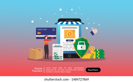 Mobile payment concept. people character illustration with phone and credit card doing online transaction or payment. flat style drawing. landing page template vector and easy to customize 