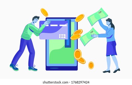 Concepto de pago móvil con personajes que retiran efectivo y pagan en línea. Operaciones bancarias con tarjeta de crédito y cuenta, transferencia de dinero. Ilustración vectorial aislada.