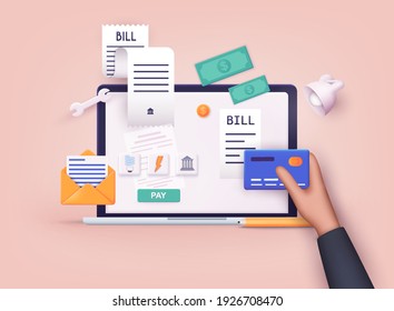 Mobile payment concept. Phone laying down on bill heap. Payment of utility, bank, restaurant and other. 3D Vector Illustrations.