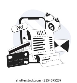 Mobile payment concept. Phone laying down on bill heap. Payment of utility, bank, restaurant and other. 3D Vector Illustrations. Ecommerce, online payment, bank account app. Mobile phone with bill.