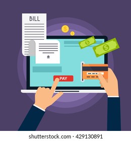 Mobile payment concept. Phone laying down on bill heap. Flat vector icon. Flat design modern vector illustration concept.
