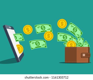 Mobile payment concept. Mobile phone with relocating money in wallet into phone. Vector illustration.