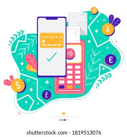 Mobile payment concept. POS terminal. Smartfon payment successful operation with checkmark and receipt. Trendy colors,bright floral illustration. Dollar Euro Yen Pound coins. Internet banking