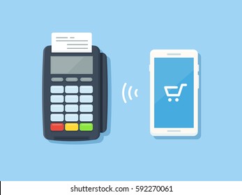 Mobile payment concept with smart phone and POS terminal vector illustration in flat style