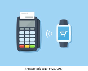 Mobile payment concept with smart watch and POS terminal vector illustration in flat style