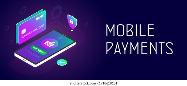 Mobile payment concept - a smartphone with attached bank cards for secure payment transaction of the order of the online store basket. NFC payment, money transferring via smartphone, online banking.