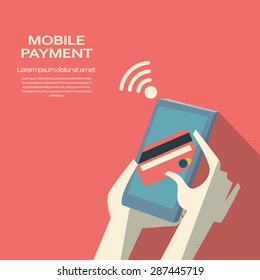 Mobile payment concept. Smartphone wireless money transfer. Abstract flat design. Eps10 vector illustration.