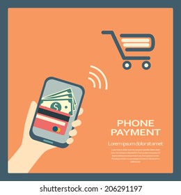 Mobile payment concept with a symbol of credit card on smartphone. NFC technology. Eps10 vector illustration.